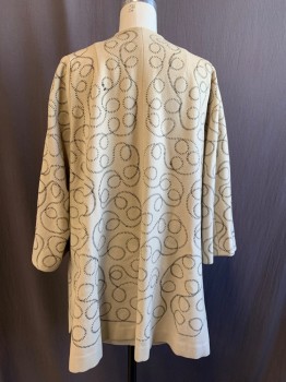 N/L, Almond, Black, Wool, Swirl , Black Stitched Embroidery Swirls, Open Front, 3/4 Sleeves, 2 Curved Welt Pockets, Side Seam Slits, Newly Lined