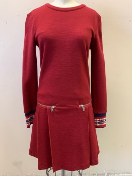 Womens, Cocktail Dress, MARC BY MARC JACOBS, Red Burgundy, Wool, Nylon, XS, Scoop Neckline, Long Sleeves, Red, White, & Blue Plaid Cuffs, Drop Waist, 2 Zip Pockets, Pleated Skirt, Button Back