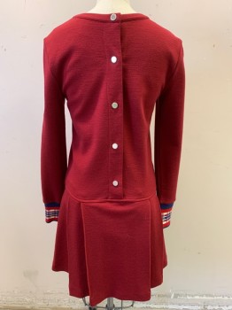 Womens, Cocktail Dress, MARC BY MARC JACOBS, Red Burgundy, Wool, Nylon, XS, Scoop Neckline, Long Sleeves, Red, White, & Blue Plaid Cuffs, Drop Waist, 2 Zip Pockets, Pleated Skirt, Button Back