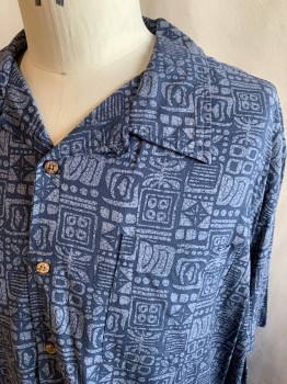 Mens, Hawaiian Shirt, ISLAND PASSPORT, Navy Blue, Blue-Gray, Rayon, Hawaiian Print, Geometric, 3XL, Short Sleeves, Button Front, Wood Buttons, Chest Pocket