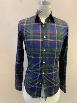 J. CREW, Navy Blue, Green, Yellow, Red, Black, Cotton, Plaid, Button Front, Collar Attached, 1 Pocket, Long Sleeves, Button Cuff