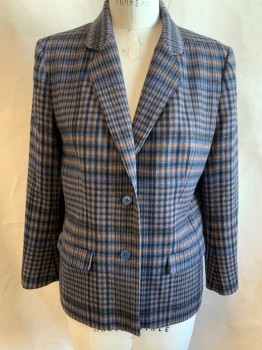 Womens, Blazer, RODIER PARIS, Navy Blue, Black, Brown, Camel Brown, Wool, Check , Plaid, 10, Single Breasted, 2 Buttons,  Rounded Notched Lapel, 2 Flap Pocket,