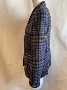Womens, Blazer, RODIER PARIS, Navy Blue, Black, Brown, Camel Brown, Wool, Check , Plaid, 10, Single Breasted, 2 Buttons,  Rounded Notched Lapel, 2 Flap Pocket,