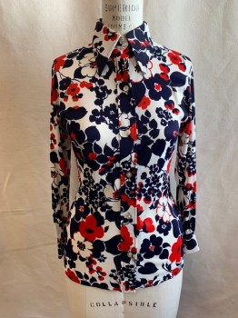Womens, Blouse, ALFRED DUNNER, Dk Blue, White, Red, Polyester, Floral, 8, Collar Attached, Button Front, Long Sleeves, 2 Button Cuffs