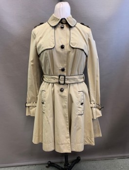TOP SHOP, Khaki Brown, Dk Brown, Cotton, Polyester, Solid, Single Breasted, Capelets Front and Back, Piped Trim, Epaulets, Belt Loops at Waist and Cuffs, MATCHING BELTS at Waist and Cuffs, Gored Skirt with Back Slit and Button Tab Detail,
