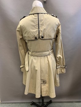 Womens, Coat, Trenchcoat, TOP SHOP, Khaki Brown, Dk Brown, Cotton, Polyester, Solid, W30, B38, H40, Single Breasted, Capelets Front and Back, Piped Trim, Epaulets, Belt Loops at Waist and Cuffs, MATCHING BELTS at Waist and Cuffs, Gored Skirt with Back Slit and Button Tab Detail,