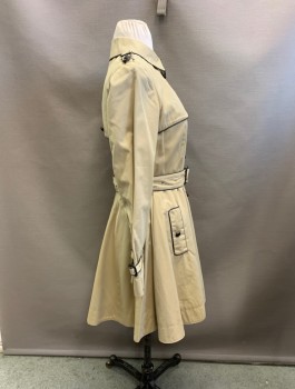 TOP SHOP, Khaki Brown, Dk Brown, Cotton, Polyester, Solid, Single Breasted, Capelets Front and Back, Piped Trim, Epaulets, Belt Loops at Waist and Cuffs, MATCHING BELTS at Waist and Cuffs, Gored Skirt with Back Slit and Button Tab Detail,