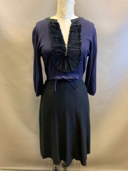 BCBG MAX AZRIA, Navy Blue, Black, Acrylic, Color Blocking, Sweater Dress, 3 Buttons at Center Bust, Navy Bodice, Black Ruffle Front Panel,  Black Skirt, Self Belt, Fit & Flare, Long Sleeves