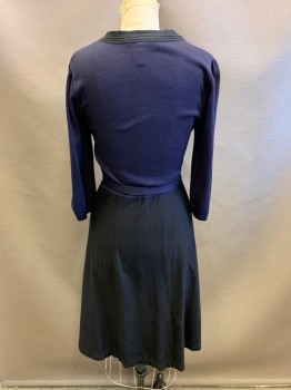 BCBG MAX AZRIA, Navy Blue, Black, Acrylic, Color Blocking, Sweater Dress, 3 Buttons at Center Bust, Navy Bodice, Black Ruffle Front Panel,  Black Skirt, Self Belt, Fit & Flare, Long Sleeves