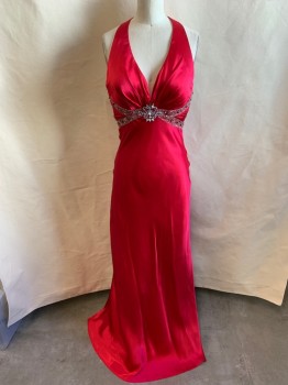 Womens, Evening Gown, B DARLIN, Hot Pink, Synthetic, Beaded, Solid, 2, V-neck, Hatler with Beaded Embellished Straps, Beaded & Rhinestones Waistline , Open Back with Decorative Strap