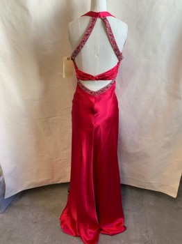 Womens, Evening Gown, B DARLIN, Hot Pink, Synthetic, Beaded, Solid, 2, V-neck, Hatler with Beaded Embellished Straps, Beaded & Rhinestones Waistline , Open Back with Decorative Strap