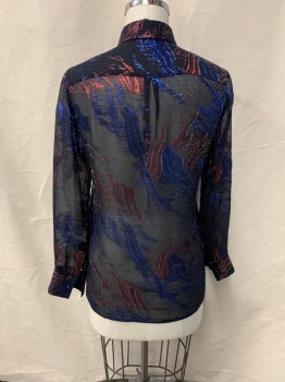 MAJE, Black, Red, Blue, Silk, Polyester, Abstract , C.A., Button Front, L/S, Hidden Placket, Sheer