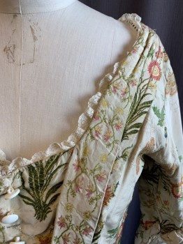 Womens, Historical Fiction Bodice, MTO, Cream, Salmon Pink, Lt Green, Yellow, Dk Green, Synthetic, Floral, B34, 1700s, Square Neck with White Lace Trim, Button Front, White Velcro Underneath Button Placket,  Sides and Back are Attached with Black Velcro, L/S *Aged/Distressed, Frayed and Discolored*