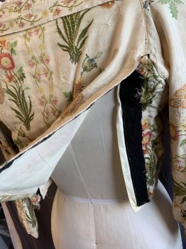 Womens, Historical Fiction Bodice, MTO, Cream, Salmon Pink, Lt Green, Yellow, Dk Green, Synthetic, Floral, B34, 1700s, Square Neck with White Lace Trim, Button Front, White Velcro Underneath Button Placket,  Sides and Back are Attached with Black Velcro, L/S *Aged/Distressed, Frayed and Discolored*