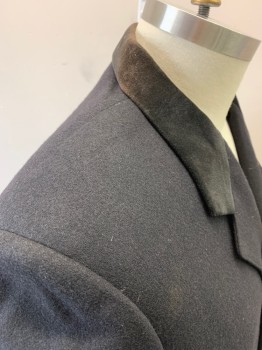 Mens, Coat 1890s-1910s, MTO, Black, Wool, Solid, 42, 4 Buttons, Hidden Button Placket, 3 Pockets, Black Velvet Collar, Full Length, Collar Has Discoloration,