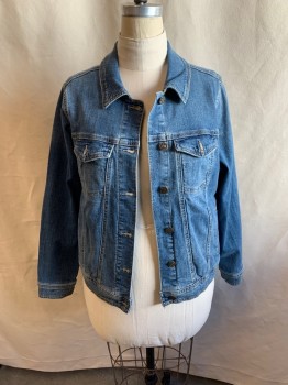 AVA & VIV, Denim Blue, Cotton, Spandex, Solid, Collar Attached, 2 Pockets with Flaps, Side Pockets, Button Front