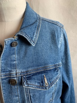 Womens, Jean Jacket, AVA & VIV, Denim Blue, Cotton, Spandex, Solid, 1X, Collar Attached, 2 Pockets with Flaps, Side Pockets, Button Front