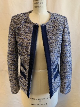 J CREW, White, Blue, Black, Navy Blue, Copper Metallic, Polyester, Acrylic, Textured Fabric, Open Front, No Collar, 4 Pockets, Grosgrain Trim At CF, Single Vent