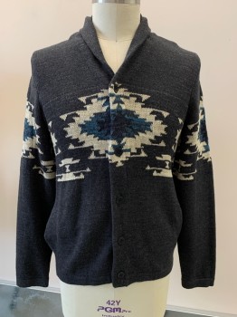 LUCKY BRAND, Charcoal Gray, Off White, Teal Blue, Black, Cotton, Native American/Southwestern , L/S, Shawl Collar, Button Front, Side Pockets,
