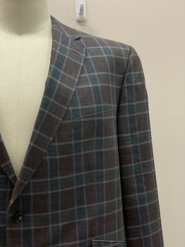 TED BAKER, Dk Brown, Blue, Lt Blue, Tan Brown, Silk, Linen, Plaid, L/S, 2 Buttons Single Breasted, Notched Lapel, 3 Pockets,