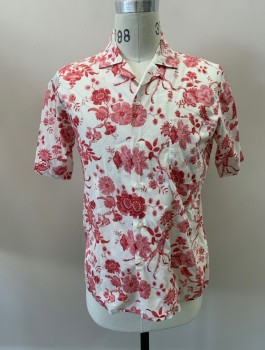 BEVILACQUA, Faded Red, White, Cotton, Floral, C.A., Button Front, S/S, 1 Pocket,
