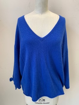 VELVET, Cerulean Blue, Cashmere, Solid, Knit, Wide 3/4 Sleeves with Self Bow Ties, Wide V-neck, Boxy Loose Fit