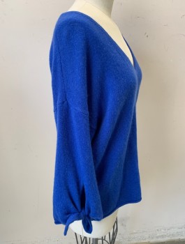 VELVET, Cerulean Blue, Cashmere, Solid, Knit, Wide 3/4 Sleeves with Self Bow Ties, Wide V-neck, Boxy Loose Fit