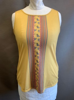 AVENUE, Yellow, Multi-color, Polyester, Spandex, Solid, Stripes - Vertical , Slvls, Round Neck, Multicolor Geometric Strip, Floral Print at Center Front