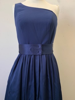 VERA WANG, Navy Blue, Polyester, Solid, One Shoulder Strap, Side Pockets, Front Side Slit, Pleated Skirt, Back Zipper, with Matching Belt