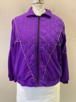 Womens, Jacket, BLAIR BOUTIQUE, Purple, Poly/Cotton, XL, C.A., Zip Front, L/S, Studded, Metallic Gold Trim, Quilted, Elastic Waist & Cufs