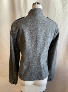 CLUB MONACO, Black, White, Polyester, Acrylic, 2 Color Weave, Mottled, Button Front with Hidden Placket, Stand Collar, Epaulets, 2 Pockets, 3 Faux Flap Pockets, Long Sleeves with Slits at Hem Seam