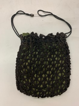 Womens, Purse 1890s-1910s, N/L, Black, Olive Green, Cotton, 2 Color Weave, *Aged/Distressed* Braided Black and Light Brown Weave, Olive Lining, Drawstring *Small Hole in Lining*