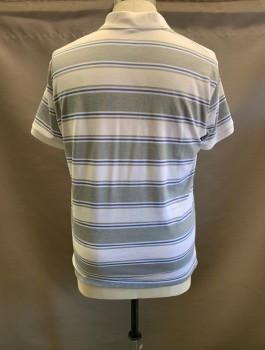 UNIQLO, White, Gray, French Blue, Polyester, Stripes - Horizontal , C.A., 1/4 Button Front, S/S