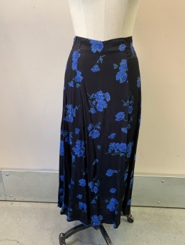 REFORMATION, Black, Blue, Rayon, Floral, Crepe, Mid Calf Length, A-Line, Invisible Zipper in Back