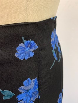 REFORMATION, Black, Blue, Rayon, Floral, Crepe, Mid Calf Length, A-Line, Invisible Zipper in Back
