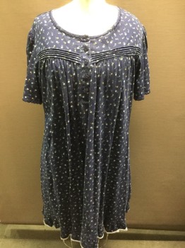 Womens, Nightgown, ONLY NECESSITIES, Dk Blue, Lt Blue, White, Yellow, Cotton, Floral, 2XL, Short Sleeves, Pullover, 5 Buttons, Pin Tucks,