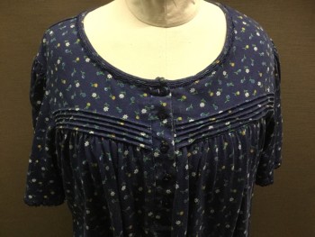Womens, Nightgown, ONLY NECESSITIES, Dk Blue, Lt Blue, White, Yellow, Cotton, Floral, 2XL, Short Sleeves, Pullover, 5 Buttons, Pin Tucks,