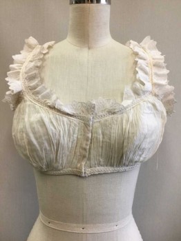 Womens, Camisole 1890s-1910s, Cream, Cotton, Floral, B30, Bralette Style, Ruffle Trim, Gathered , Open Work Trim, Hook & Eye Closure, Scoop Neck