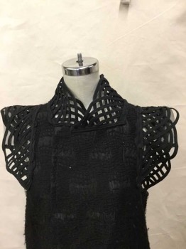 Womens, Sci-Fi/Fantasy Vest, N/L, Black, Abstract , B:32, Textured Wooly Material W/Burnout Faille, Latticework Strips Of Black Trim At Stand Collar, Cap Sleeves, & Hem, Fold Over Closure In Front W/Snap Closures