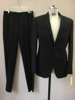 JOS A BANK, Black, Wool, Solid, Notched Lapel, 2 Buttons,