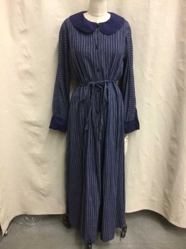 Womens, Dress 1890s-1910s, NO LABEL, Navy Blue, White, Cotton, Stripes, 26, 34, Long Sleeves, Peter Pan Collar, Faux Button/Snap Front, Self Belt Attached, Elastic At Back Of Waist,
