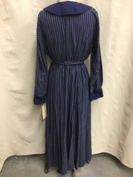Womens, Dress 1890s-1910s, NO LABEL, Navy Blue, White, Cotton, Stripes, 26, 34, Long Sleeves, Peter Pan Collar, Faux Button/Snap Front, Self Belt Attached, Elastic At Back Of Waist,