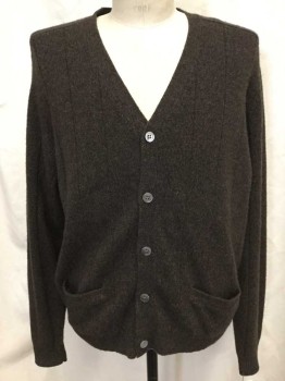 CHARTER CLUB, Dk Brown, Wool, Solid, Wide Rib Knit, 5 Button Front, V-neck, 2 Pockets,