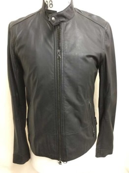 VINCE, Black, Leather, Solid, Long Sleeves, Zip Front, Band Collar,  2 Zip Pockets, Black Lining, Zippers At Cuffs