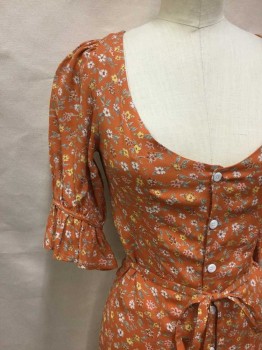 CHRISTY DAWN, Orange, Yellow, Green, Gray, Synthetic, Floral, Hem Below Knee, Button Front, Scoop Neck, Tie At Waist, Short Sleeve,  Ruffle Cuff