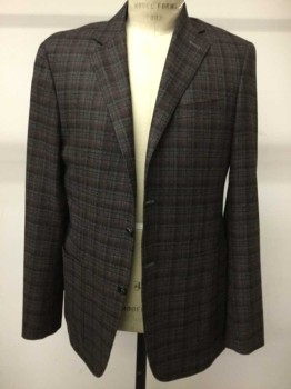 Canali, Red Burgundy, Gray, Black, Cashmere, Plaid, 2 Buttons,  Single Breasted, Notched Lapel, Patch Pocket,