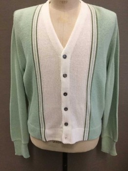 Mens, Sweater, JOCKEY/TONY LAMA, Mint Green, White, Olive Green, Acrylic, Color Blocking, Stripes, XL, Cardigan, Knit, Long Sleeves, V-neck, White Panel At Center Front, W/White, Olive Stripes On Either Side, Body Is Mint Green,
