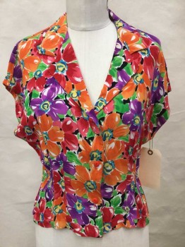 PARIS BLUE, Red, Orange, Purple, Green, Blue, Rayon, Floral, Collar Attached,  Button Front, Short Sleeve,  W/short Self Tie Back