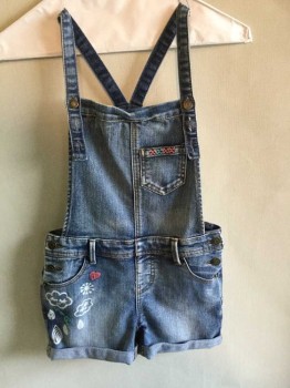 Childrens, Overalls, Cat & Jack, Blue, Pink, White, Aqua Blue, Cotton, Graphic, M, Girls Coverall Shorts with Pink & Aqua Embroidery & Cloud & Rain Graphic, See Photo Attached,