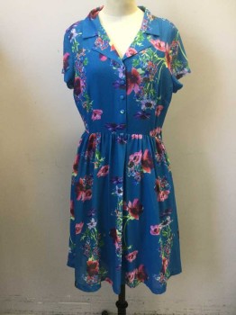 MODCLOTH, Blue, Pink, Green, Purple, Lime Green, Polyester, Floral, Blue Background with Floral Print, Button Front Top, Collar Attached, Short Sleeves, Gathered Skirt, Side Zip, Solid Blue Slip